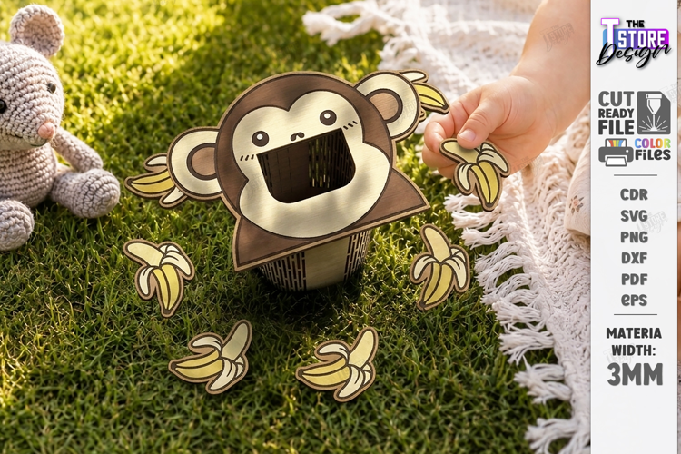 Wooden Animal Montessori Game Laser Cut | Monkey and Bananas