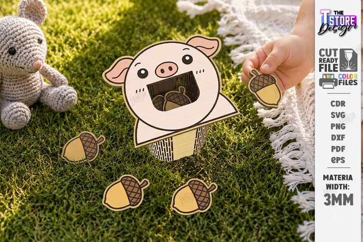 Wooden Animal Montessori Game Laser Cut | Pig and Acorns