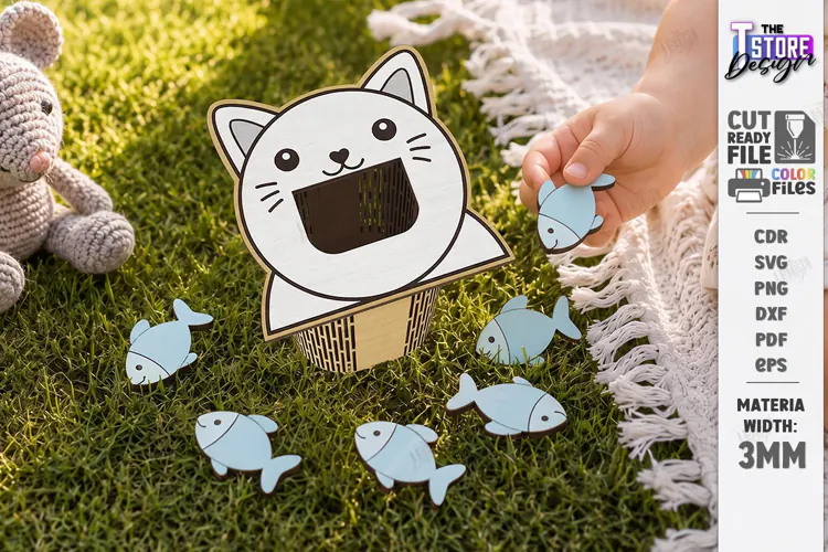 Wooden Animal Montessori Game Laser Cut | Cat and Fish