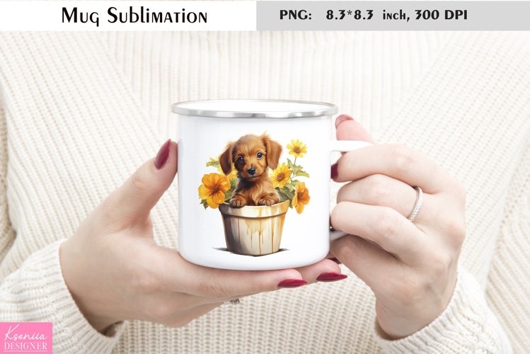 Funny Puppy in the Flower Pot|Watercolor Enamel Mug
