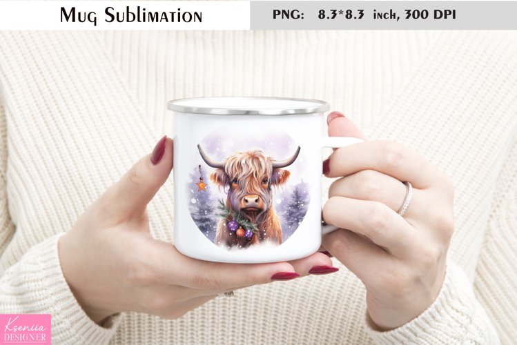 Christmas Highland Cow|Watercolor Animal Mug example image 1