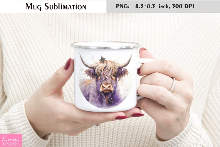 Christmas Highland Cow with Big Horns|Watercolor Animal Mug