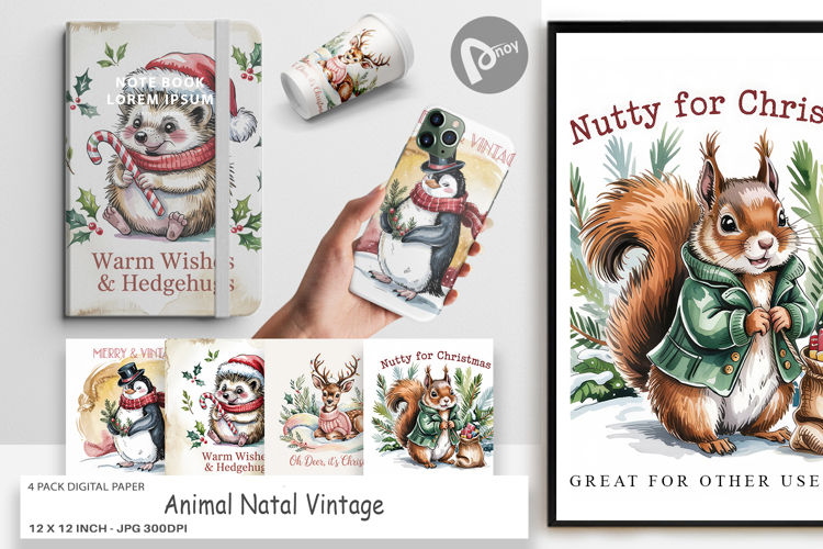 Digital Paper Vintage Christmas Animal