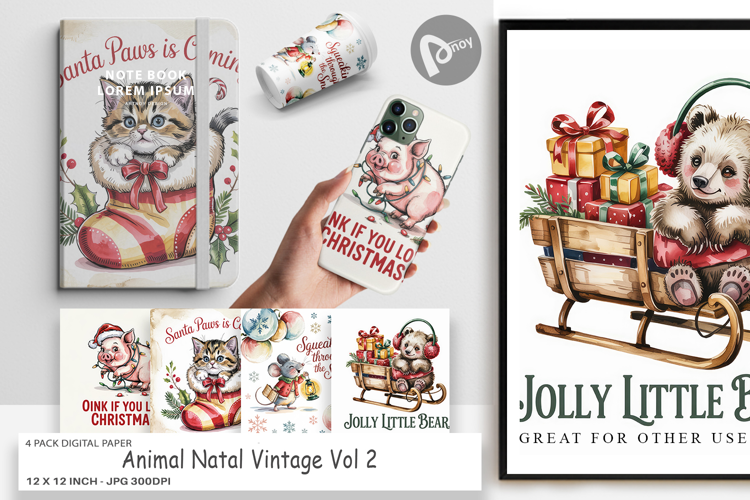 Digital Paper Vintage Christmas Animal
