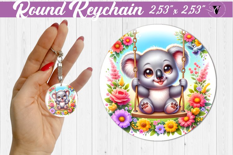 Round keychain | Cute Animals on swings example image 1