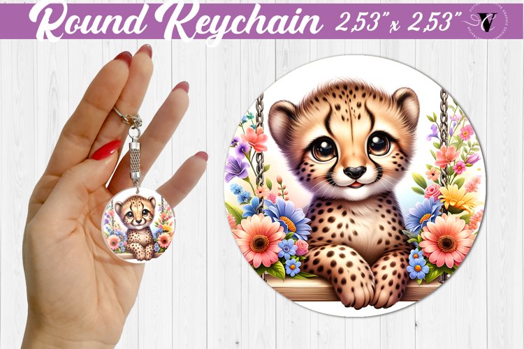 Round keychain | Cute Animals on swings example image 1