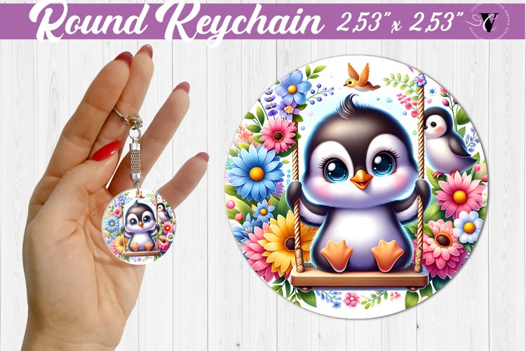 Round keychain | Cute Animals on swings example image 1