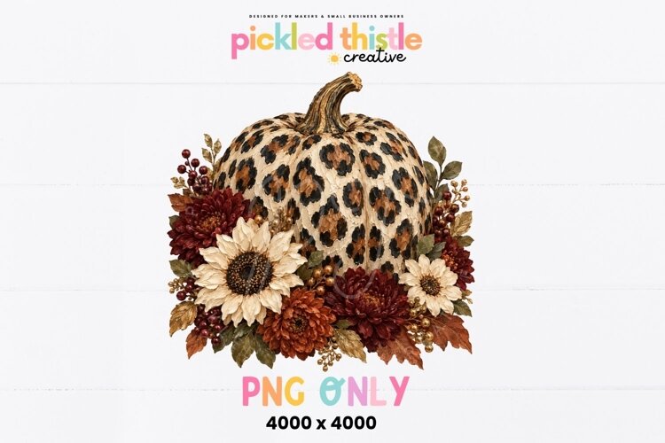 Digital fall pumpkin design featuring black and brown leopard spots over a creamy pumpkin with a full floral arrangement in warm autumn colours.