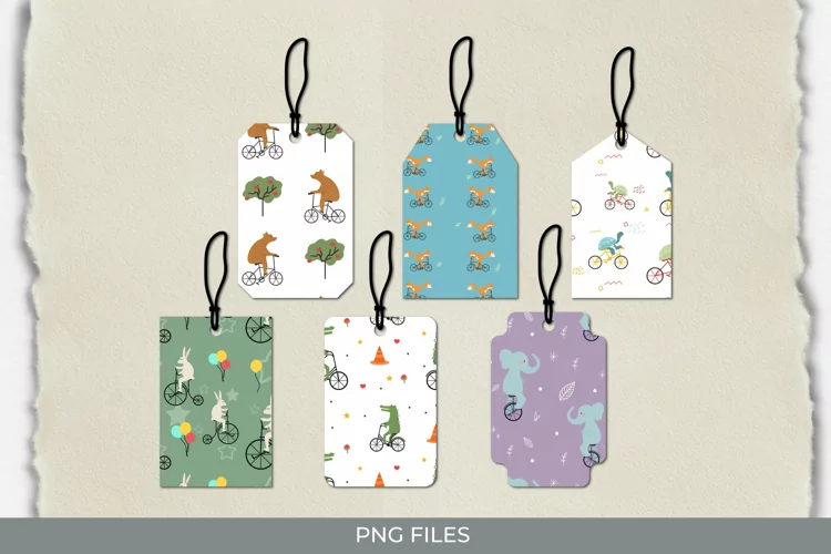 Animal Riding a Bicycle Seamless Pattern Shaped Tags