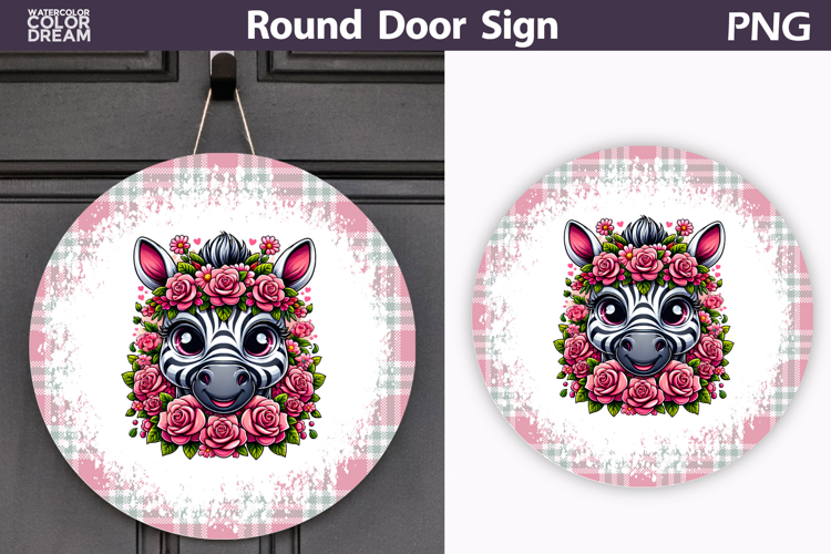 Zebra Floral Door Sign | Round Sublimation PNG