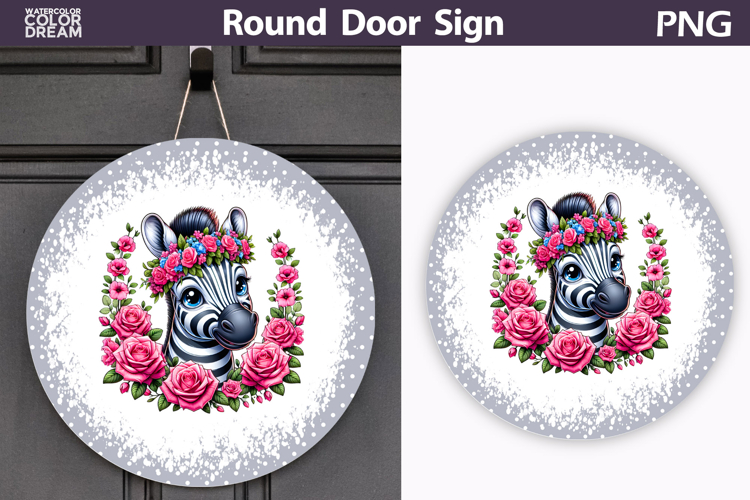 Zebra Floral Door Sign | Round Sublimation PNG