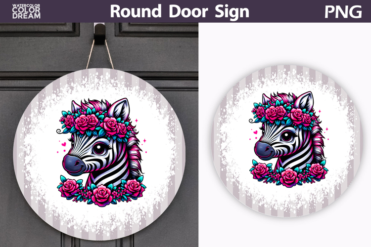 Zebra Floral Door Sign | Round Sublimation PNG