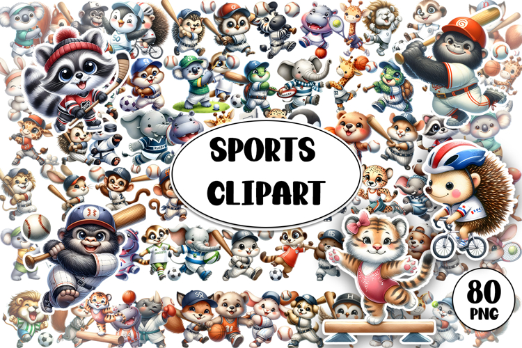 Bright animal sports clipart in the style of American sports
