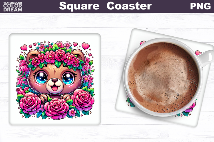 Animal Flowers Square Coaster | Bear Floral Sublimation