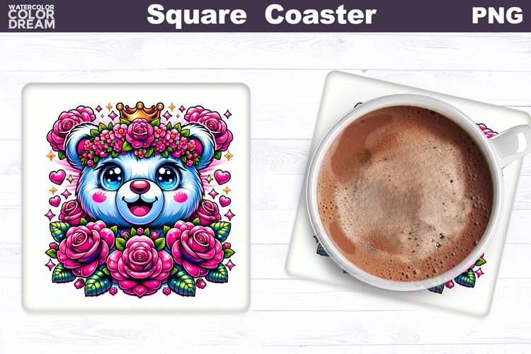 Animal Flowers Square Coaster | Bear Floral Sublimation example image 1