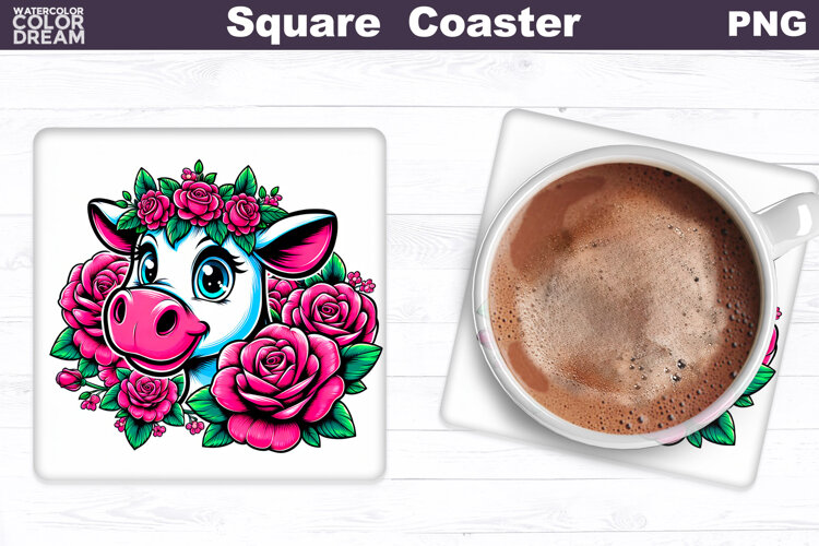 Animal Flowers Square Coaster | Cow Roses Sublimation example image 1