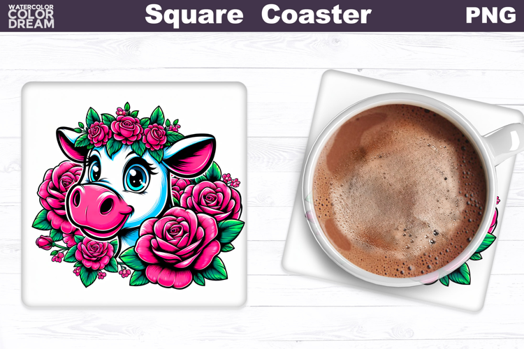 Animal Flowers Square Coaster | Cow Roses Sublimation