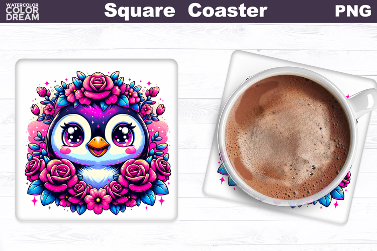 Animal Flowers Square Coaster | Penguin Roses Sublimation