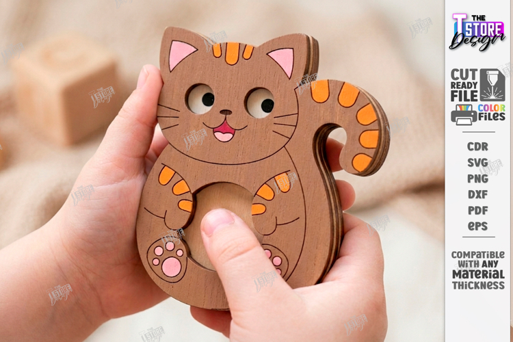Wood Animal Toy Laser Cut | Push Toy | Kids Laser | Cat SVG