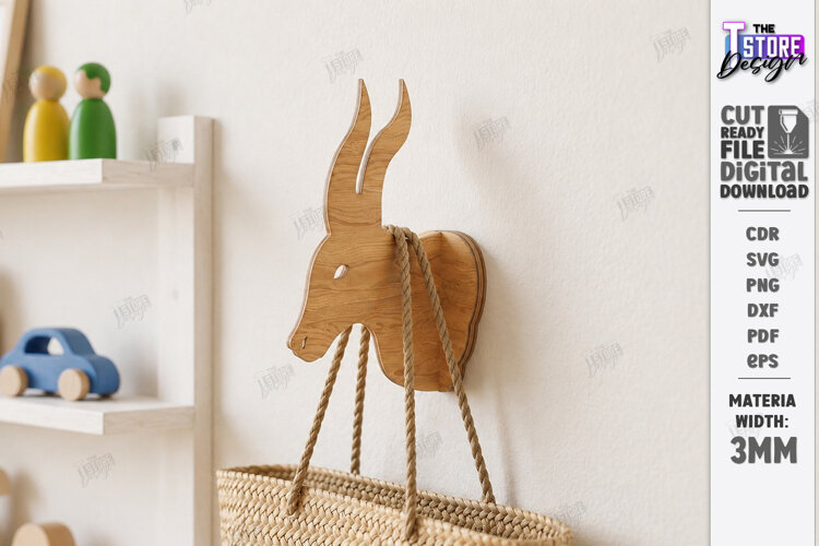 3D Animal Wall Hook Laser Cut | Wall Hanging | Antelope SVG example image 1