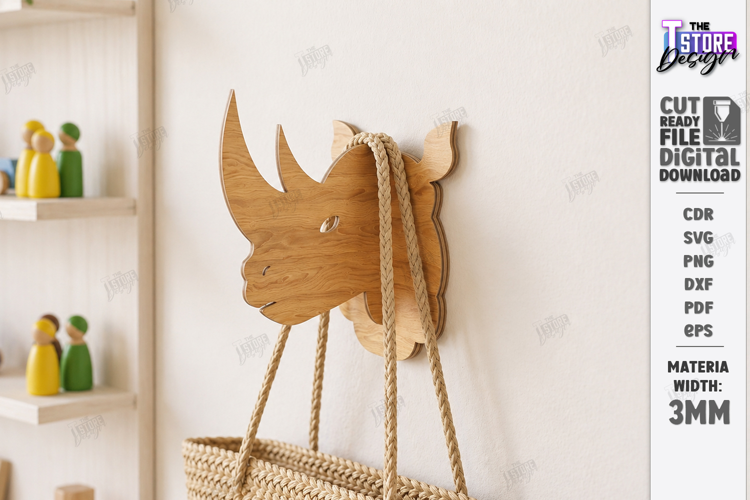 3D Animal Wall Hook Laser Cut | Wall Hanging | Rhinoceros