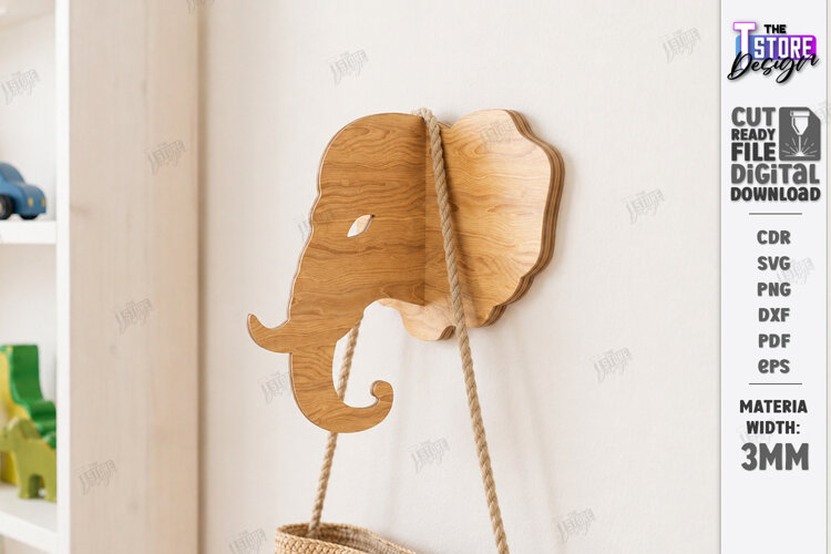 3D Animal Wall Hook Laser Cut | Wall Hanging | Elephant SVG example image 1