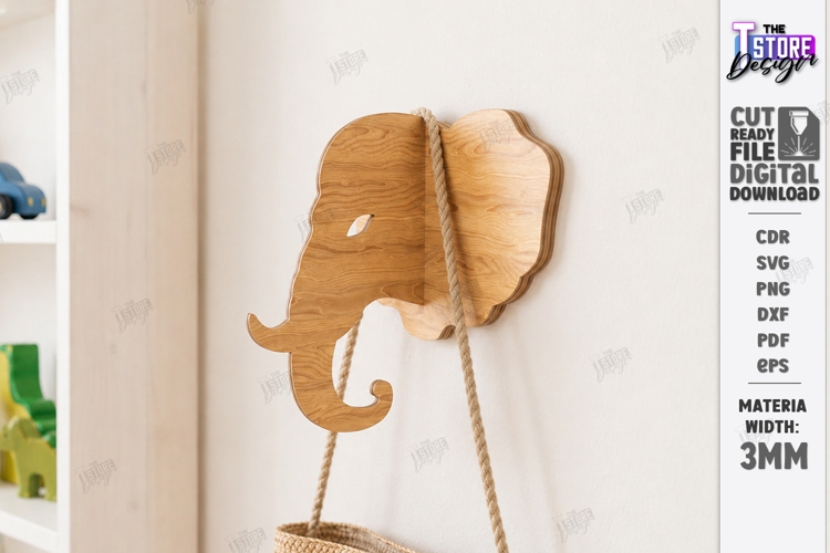3D Animal Wall Hook Laser Cut | Wall Hanging | Elephant SVG