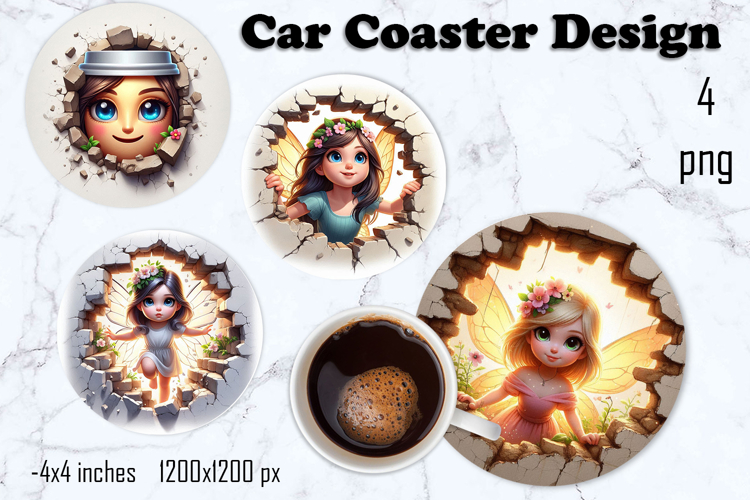 Funny little fairy, Broken Brick Wall car Coaster Design