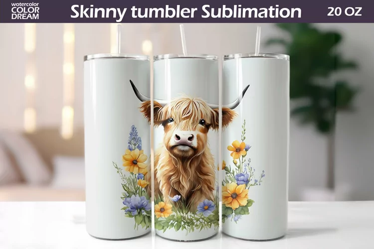 Highland Cow Flowers Tumbler Wrap | Spring Animal Tumbler
