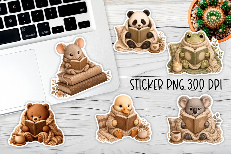 Cozy Reading Animals Stickers PNG Printable example image 1
