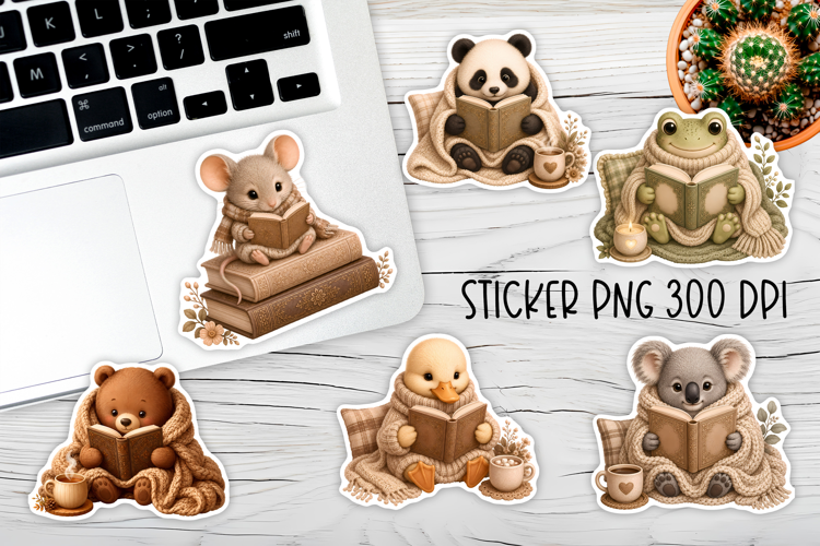 Cozy Reading Animals Stickers PNG Printable