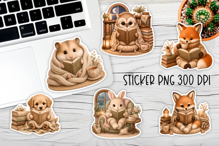Reading Animals Stickers PNG Printable | Book Lover Animal example image 1