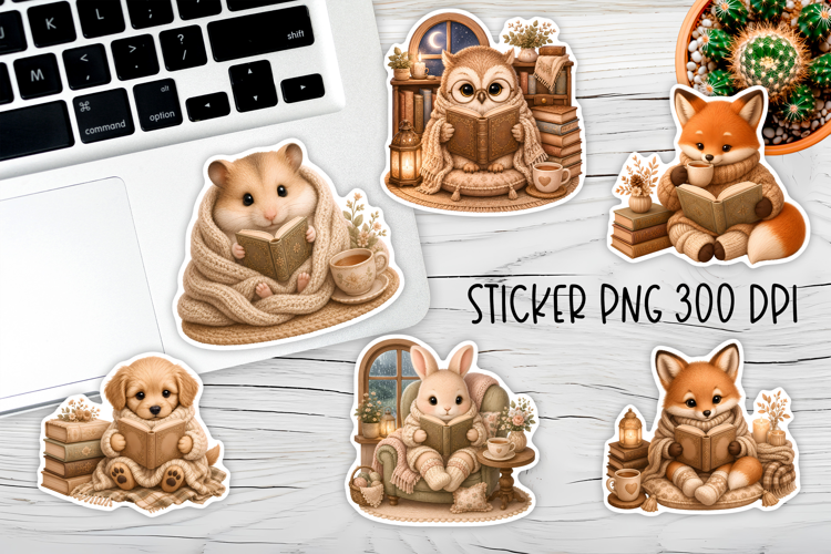Reading Animals Stickers PNG Printable | Book Lover Animal