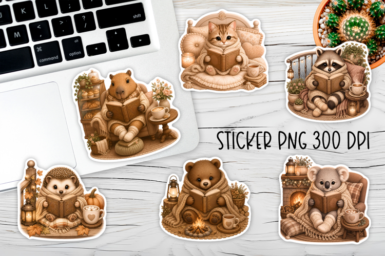 Reading Animals Stickers PNG | Book Lover Animal Printable