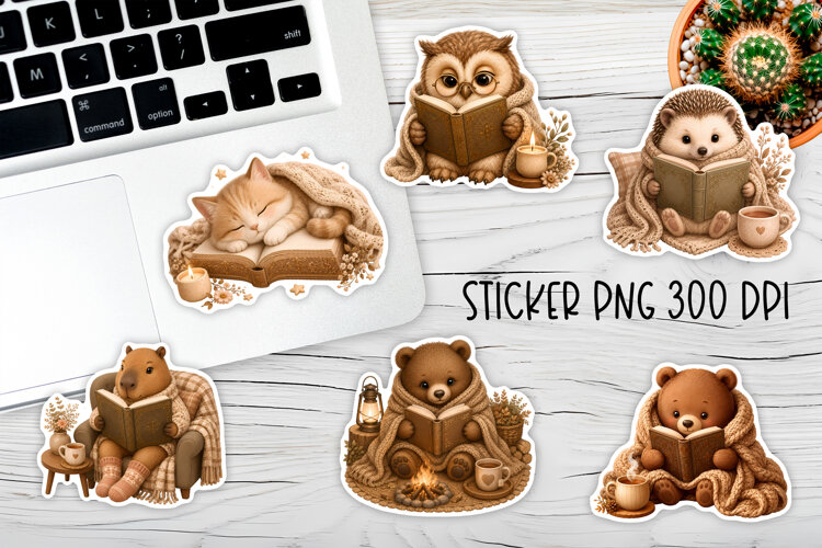 Cozy Bookish Animals Sticker PNG Design example image 1