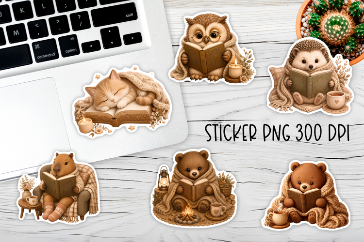 Cozy Bookish Animals Sticker PNG Design