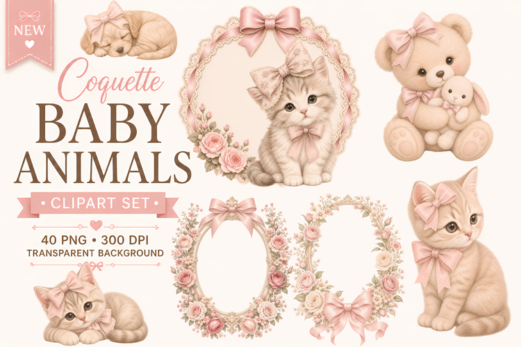 Coquette Baby Animals with pink bows clipart bundle