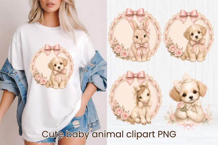 Coquette Baby Animals with pink bows clipart