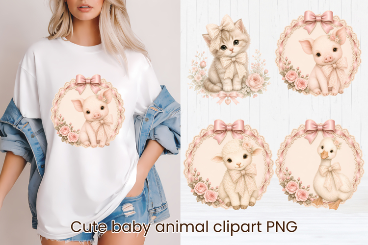 Coquette Baby Animals with pink bows clipart