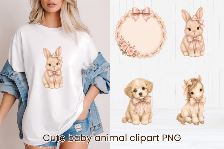 Coquette Baby Animals with pink bows clipart