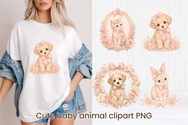 Coquette Baby Animals with pink bows clipart