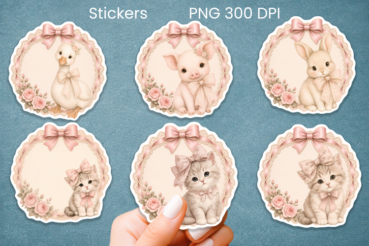 Coquette cute baby animal pink bows sticker printable PNG example image 1