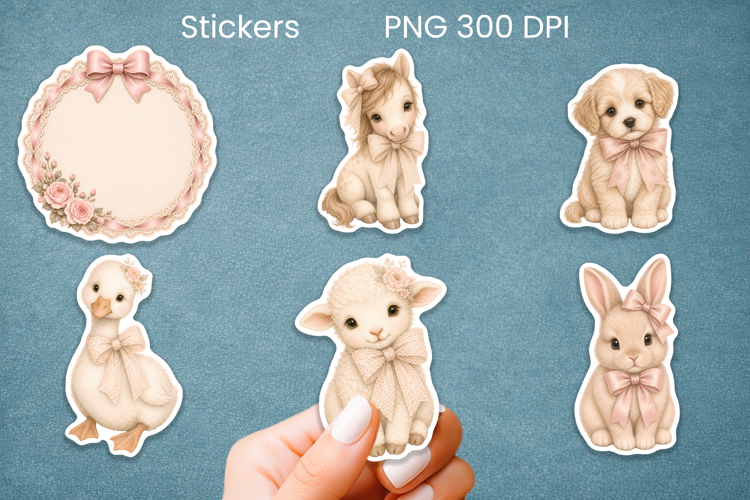 Coquette cute baby animal pink bows sticker printable PNG example image 1