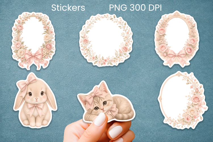 Coquette cute baby animal pink bows sticker printable PNG example image 1