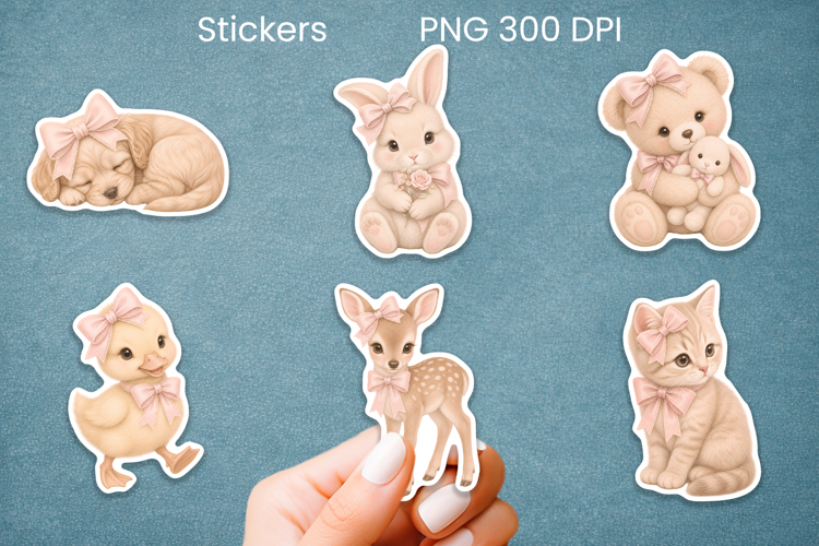 Coquette cute baby animal pink bows sticker printable PNG example image 1
