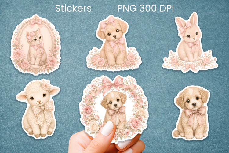 Coquette cute baby animal pink bows sticker printable PNG example image 1