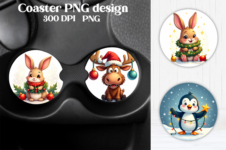 Cute Christmas Animal Car Coaster Sublimation Design