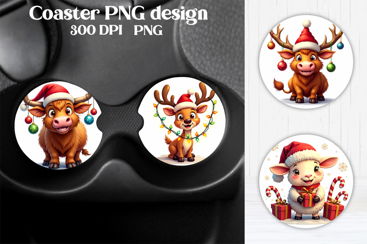 Cute Christmas Animal Car Coaster Sublimation Design