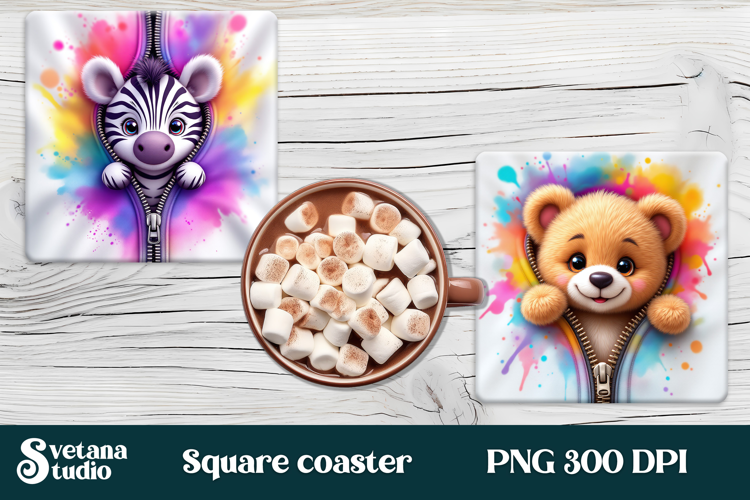 Animal square coaster sublimation | Cute animal coaster PNG