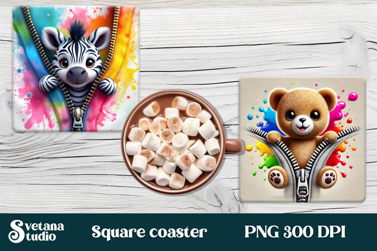 Animal square coaster sublimation | Cute animal coaster PNG example image 1